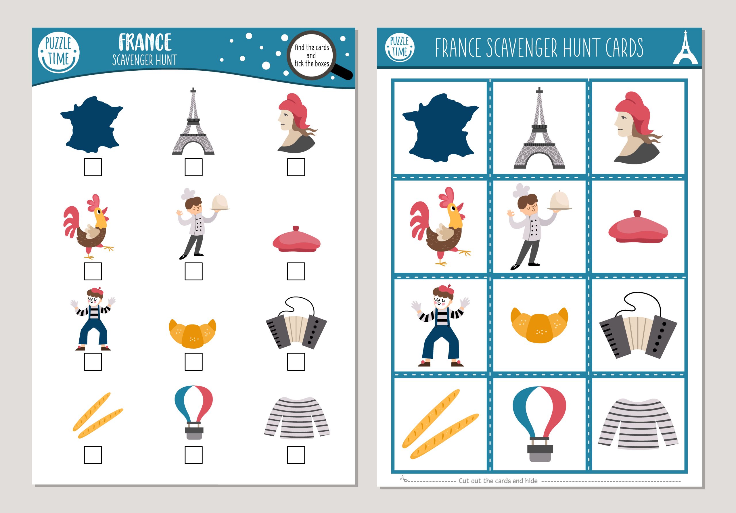 Vector French scavenger hunt cards set. Seek and find game with cute Eiffel Tower, croissant, baguette for kids. Searching activity with symbols of France. Simple educational printable worksheet