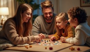Famille jouant à un jeu de société pour apprendre le français