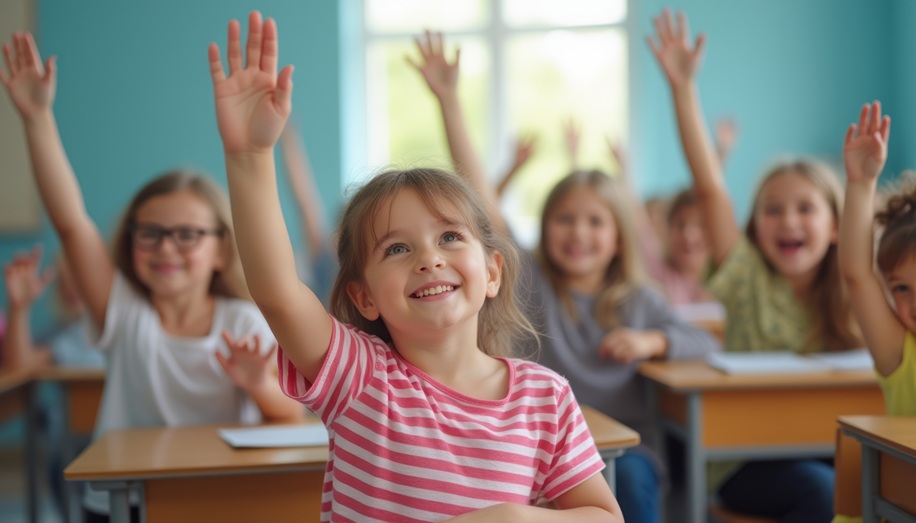 Enfant allophone levant la main dans une classe de primaire